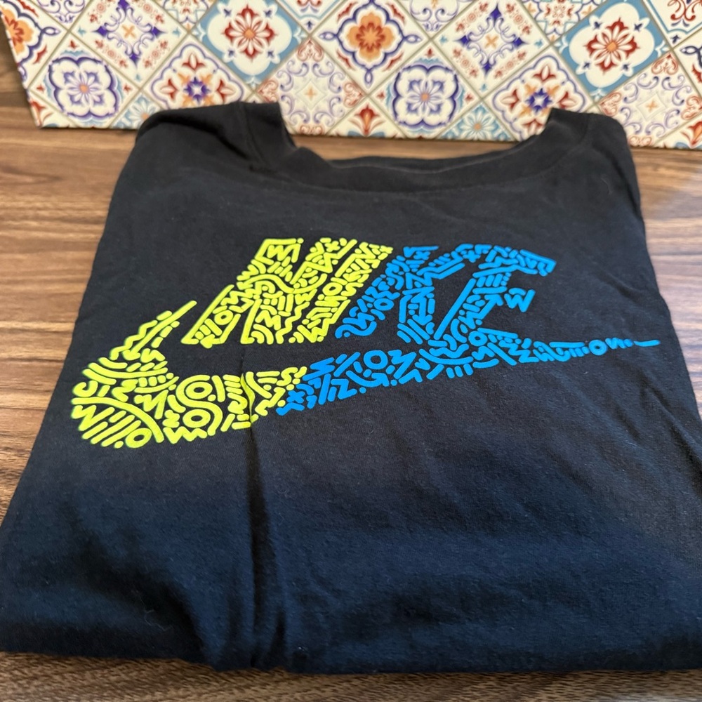 Nike Black Tee with Yellow and Blue Logo